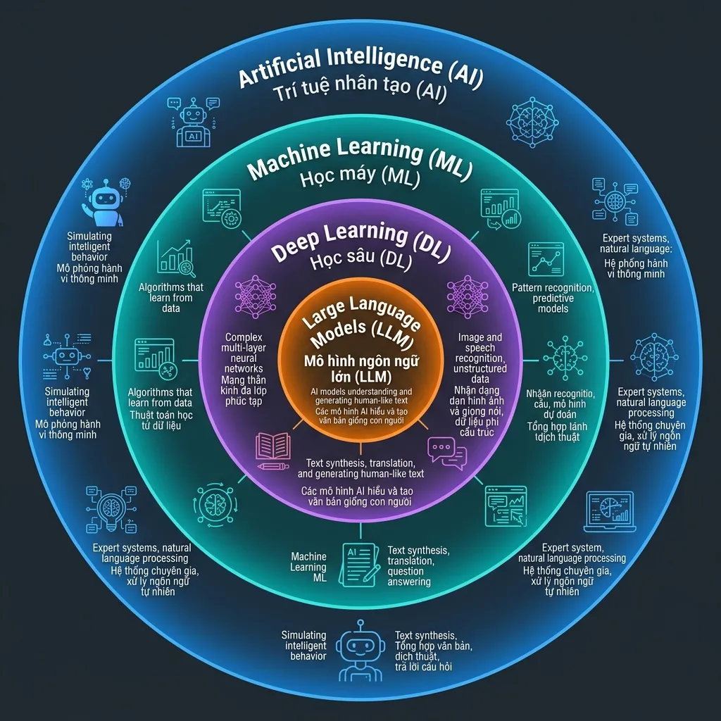 Sơ đồ quan hệ lồng nhau giữa AI, Machine Learning, Deep Learning và LLM
