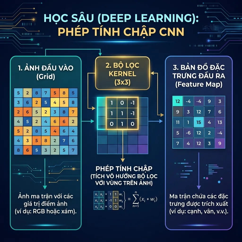 Minh họa Convolution: bộ lọc trượt qua ảnh tạo feature map