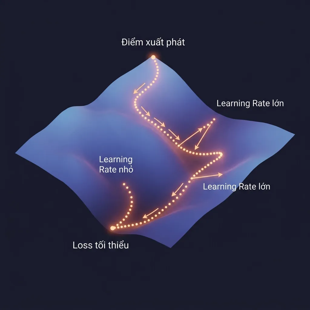 Minh họa Gradient Descent: đi xuống bề mặt loss để tìm điểm tối ưu