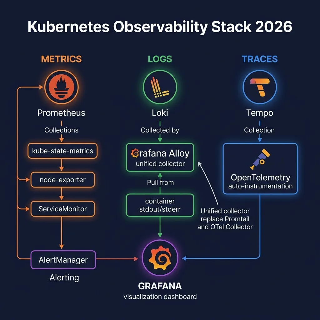 Kubernetes Observability Stack 2026 - Prometheus, Loki, Tempo, Grafana, OpenTelemetry