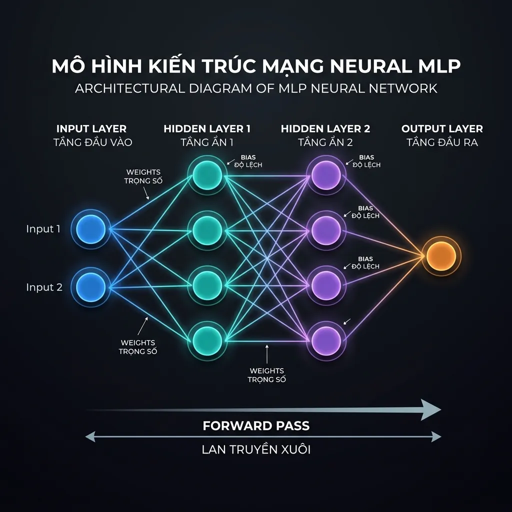 Kiến trúc Multilayer Perceptron: Input → Hidden Layers → Output