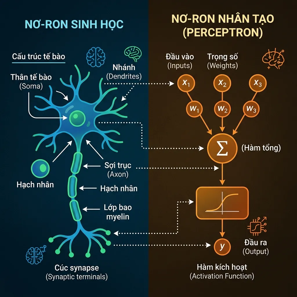 So sánh nơ-ron sinh học và nơ-ron nhân tạo (Perceptron)