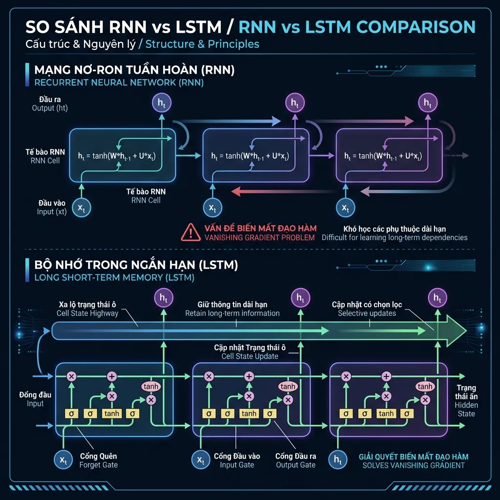 So sánh kiến trúc RNN vs LSTM với cell state và 3 gates