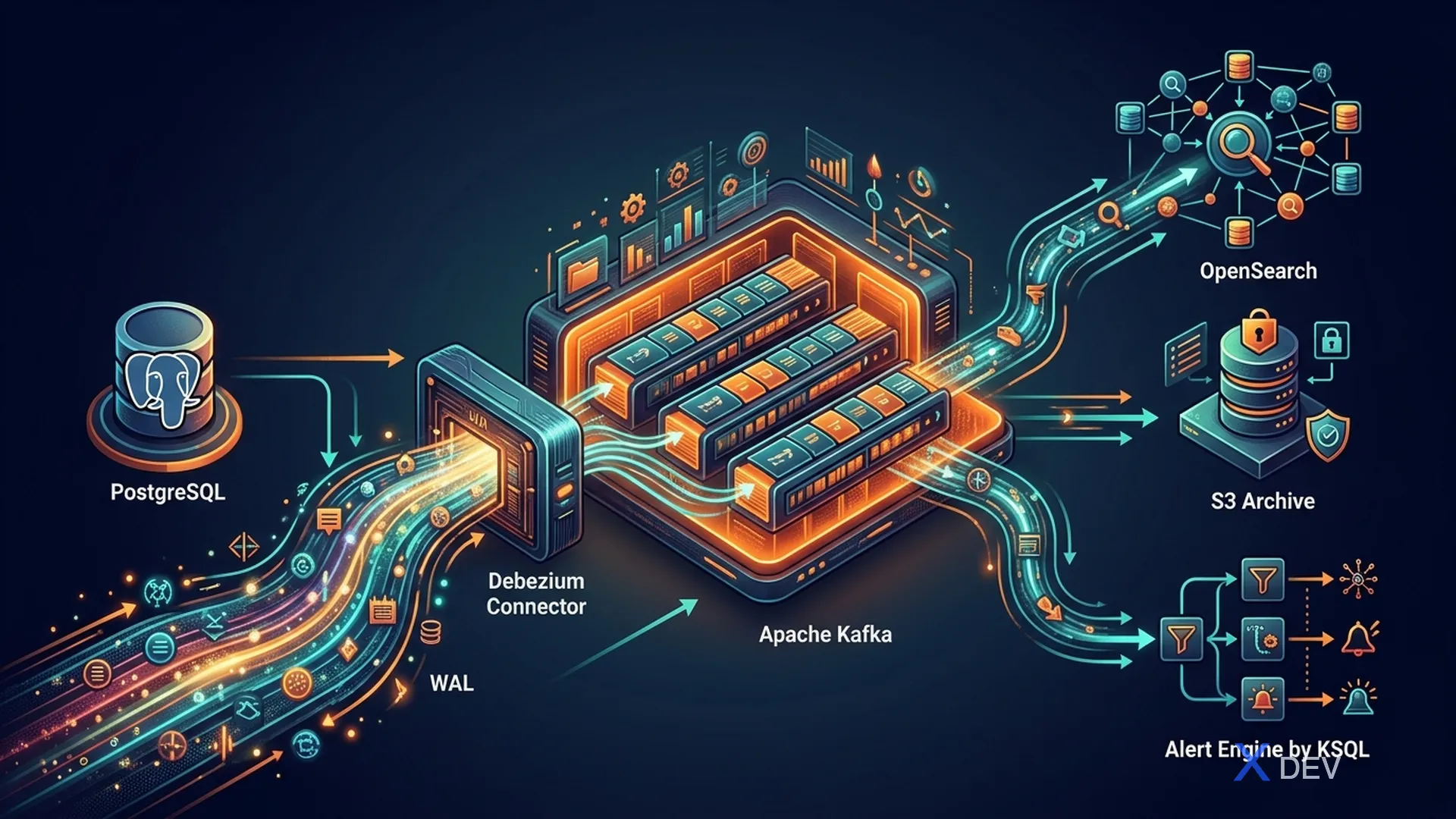CDC Pipeline — PostgreSQL WAL → Debezium → Kafka → OpenSearch/S3/KSQL