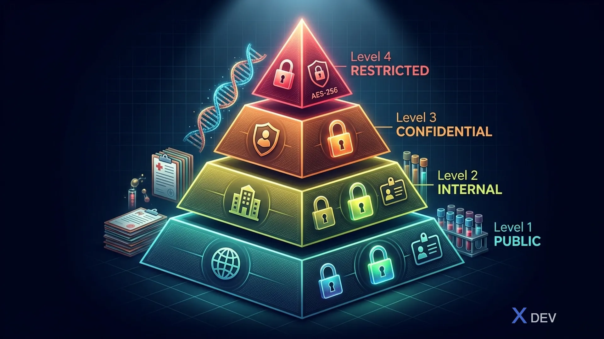 Kim tự tháp phân loại dữ liệu y tế — 4 cấp độ từ Public đến Restricted