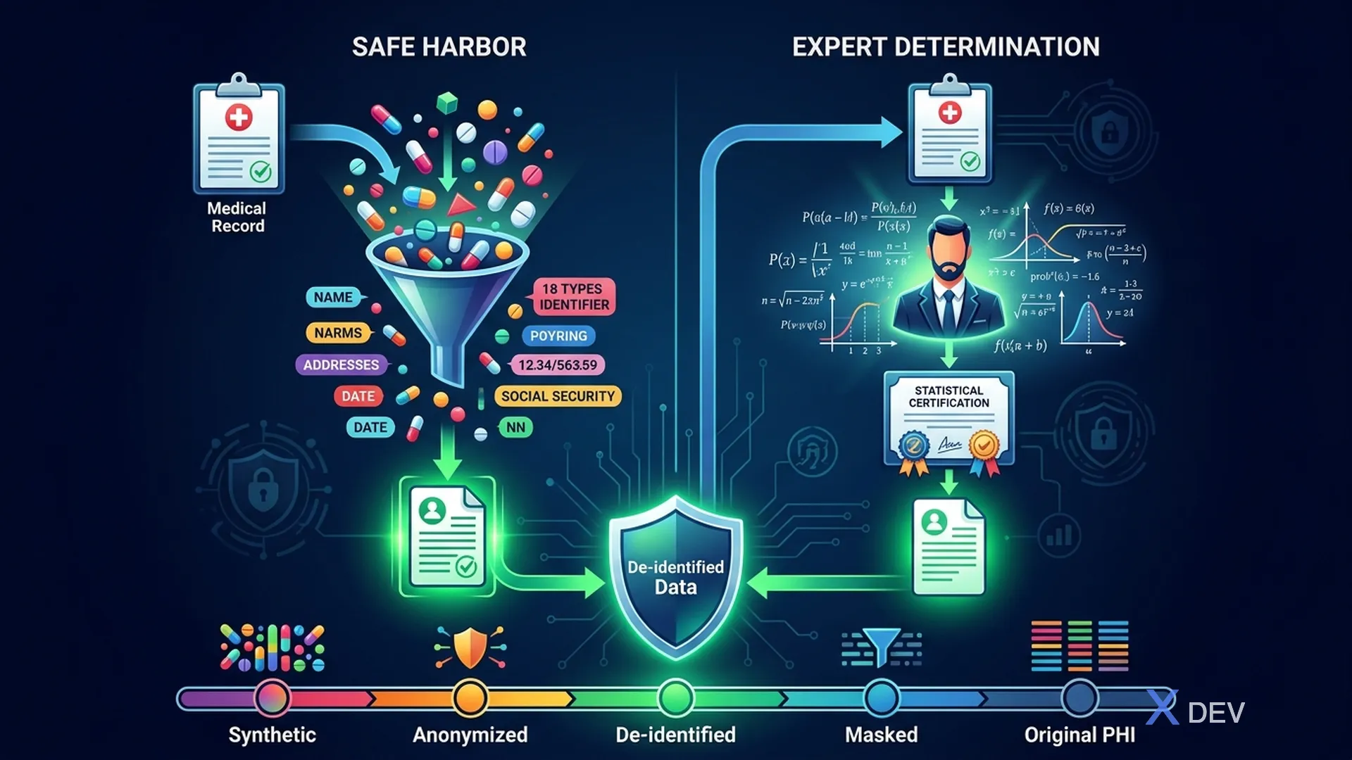HIPAA De-identification — Safe Harbor vs Expert Determination