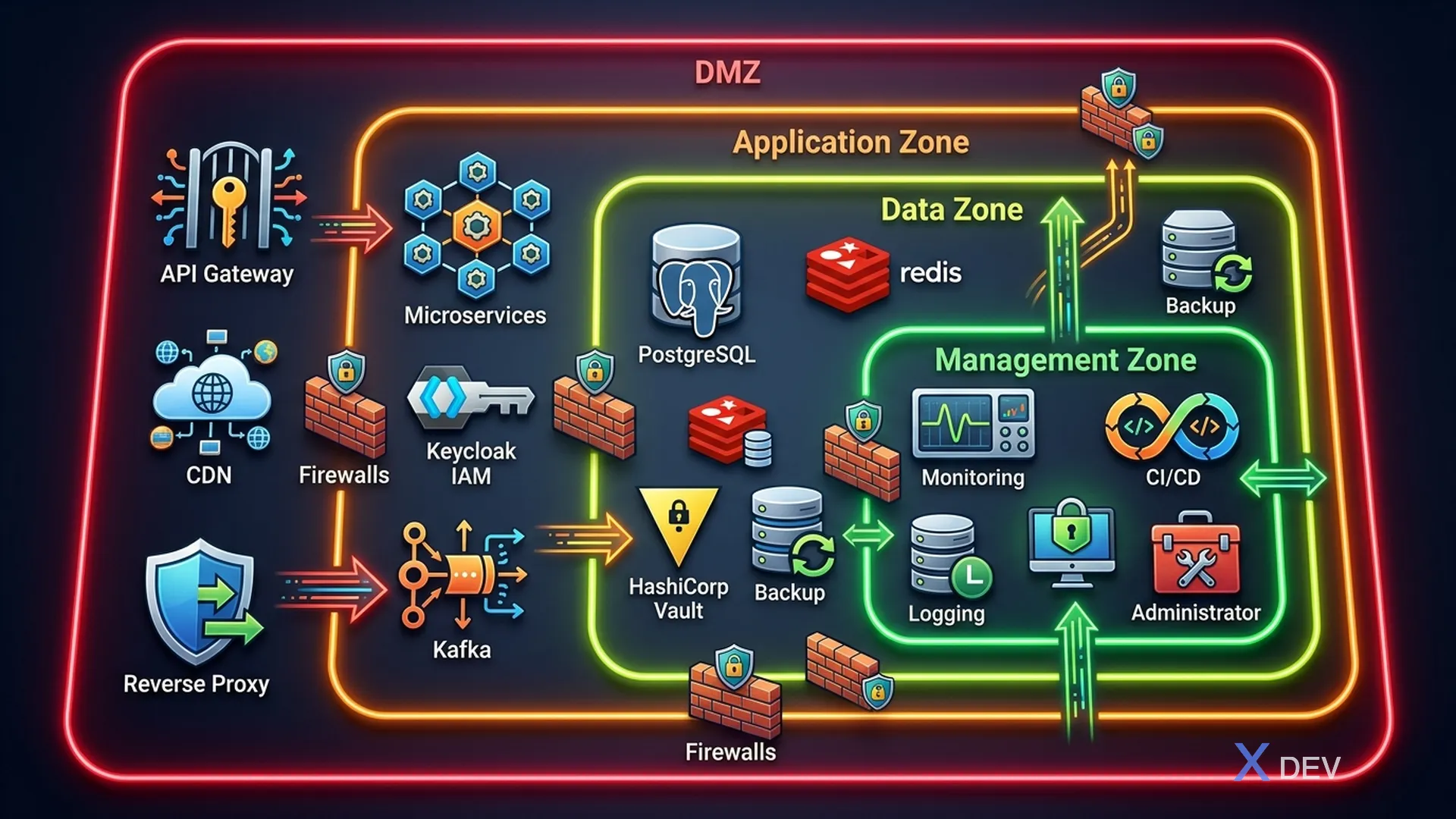 Mô hình Defense-in-Depth với 4 vùng mạng — DMZ, Application, Data, Management