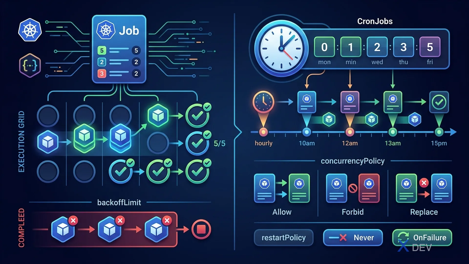 Jobs và CronJobs — completions, parallelism, concurrencyPolicy